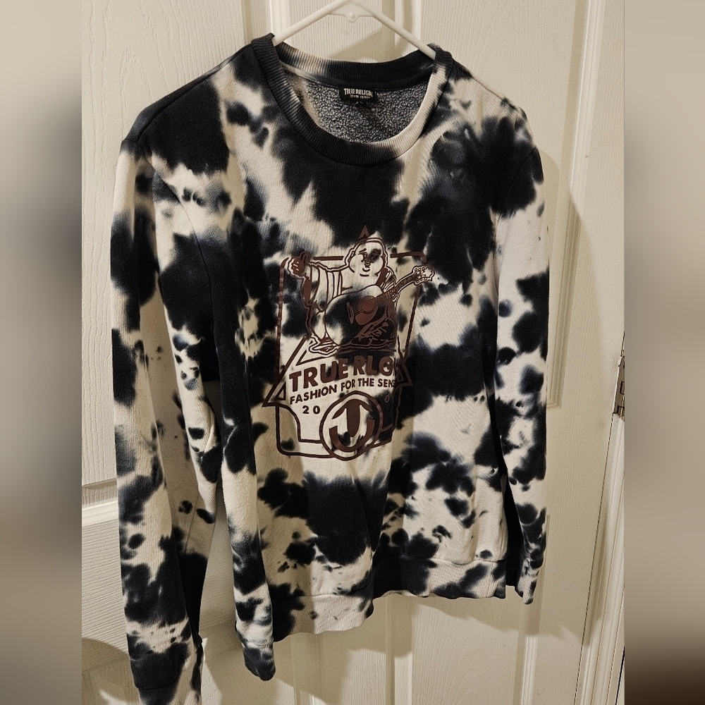 True Religion Men's Size S Blue Tie Dye Buddha Crewneck Sweatshirt​​​​​